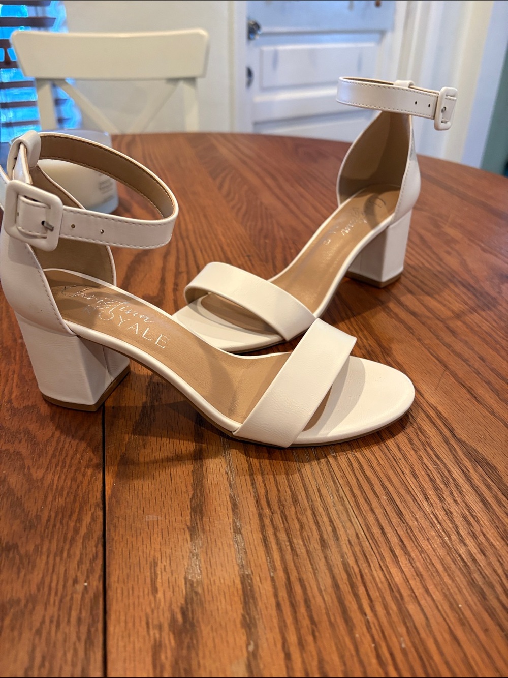 Christina White Block Heel Ankle-Strap Sandals